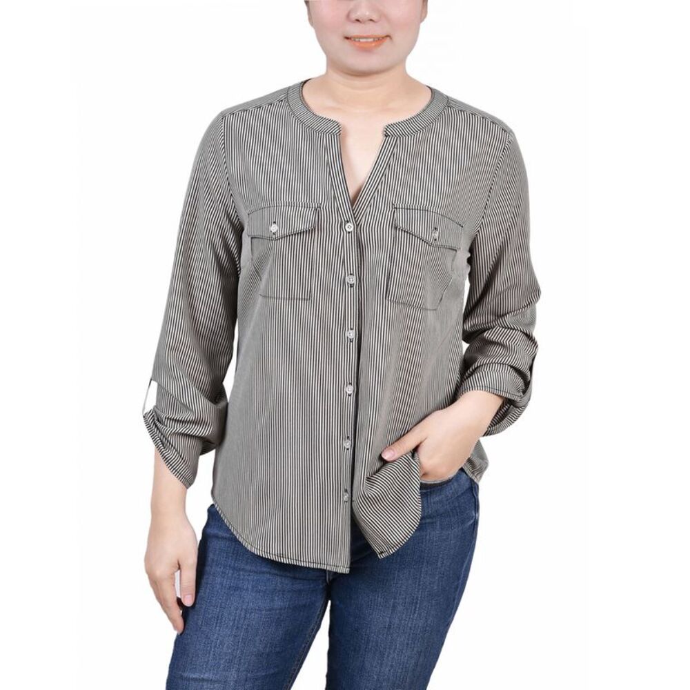 NY Collection Petite 3/4 Sleeve Roll Tab Y Neck Blouse